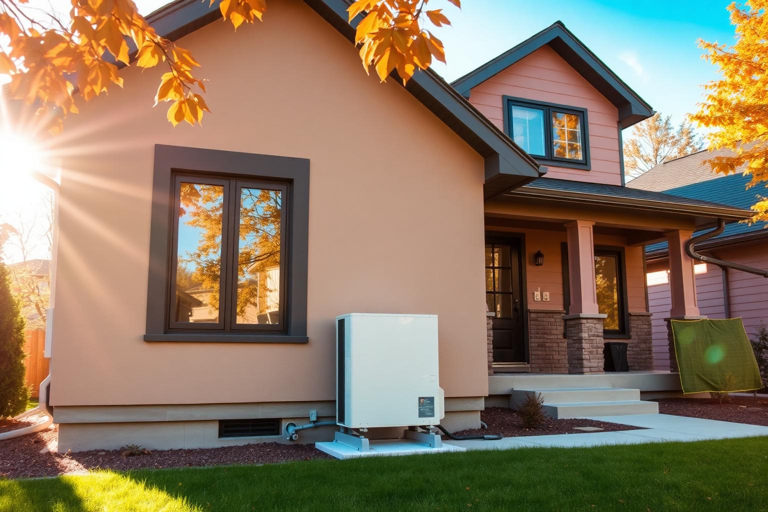 Autumn sunlight on a Canadian home with new windows and an outdoor heat pump unit
